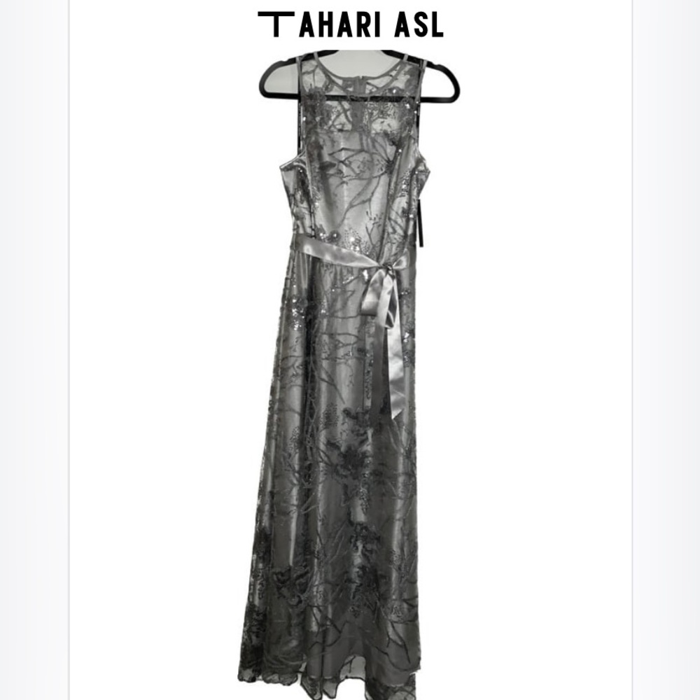 NWT Tahari ASL Wedding Guest Dress Silver Sequin Floral Embroidered Size 10